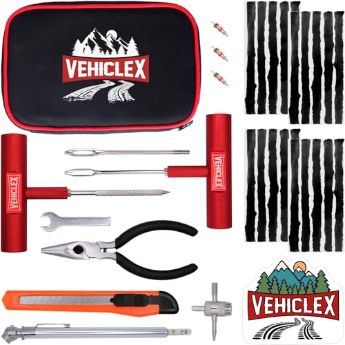 Vehiclex Tire Repair Kit for Plug and Patch with Aluminum Handled Tools - Emergency Kit with Pliers in Zippered Bag for Car, Motorcycle, ATV, Tractor, Lawn Mower - size: Compact + pliers