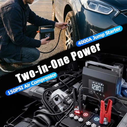 Car Battery Jump Starter with Air Compressor, 4000A 150PSI Tire Inflator, 15000mAh PowerBank with LED Light, 12V Portable Car Battery Jump Power - All Gas/8.0L Diesel