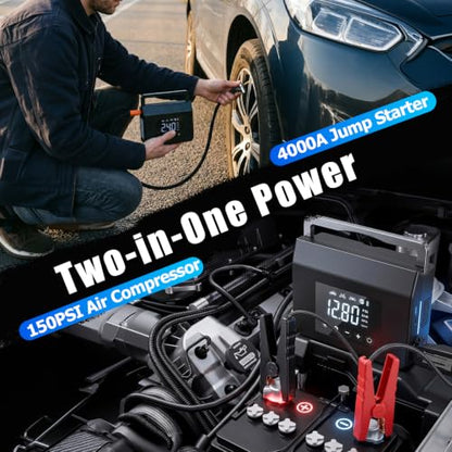 Car Battery Jump Starter with Air Compressor, 4000A 150PSI Tire Inflator, 15000mAh PowerBank with LED Light, 12V Portable Car Battery Jump Power - All Gas/8.0L Diesel