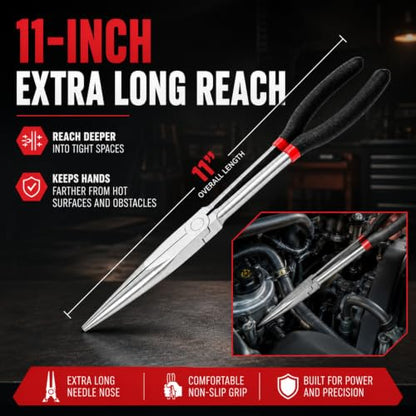 11-Inch Extra Long Needle Nose Pliers, Premium Heavy Duty Long Reach Needlenose Pliers, Non-Slip Grips, Ideal for Professionals Electrical and Hobbyists Alike