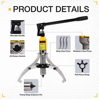Hydraulic Gear Puller, 5 Ton Hydraulic Puller Kit Bearing Puller with Case 2 or 3 Jaws Bearing Hub Separator Hydraulic Puller Separator Tool for Pulling Hubs, Bearings, Gears, ZYL-5 - size: 5 Ton