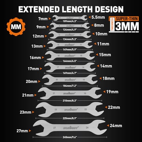 HORUSDY Thin Open End Wrench Set | Bike Wrench Set with Rolling Pouch | 19-Piece SAE & Metric | CR-V Steel | 1/4" to 1-1/16" & 5.5mm to 27mm for Mechanics - size: SAE & Metric 19-Piece