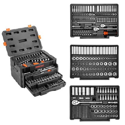 VEVOR Mechanics Tool Set and Socket Set, 1/4" 3/8" 1/2" Drive, 450 PCS | SAE and Metric Socket Wrench Set with 3-Drawer Tool Box, Tool Kit with Bits, Combination Wrench, Hex Wrenches, Accessories - size: 1/4"&3/8"&1/2", style: 450 PCS
