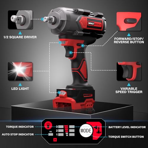 VERVEWAVE 1200N.m Impact Wrench for Milwaukee 18V Battery (no battery), 1/2” Cordless Impact Gun, 900Ft-lbs Electric Impact Driver with 3-Speed Control, 6 Pcs Impact Sockets Included, Tool Only
