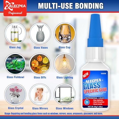 ALECPEA 30g Glass Glue - Crystal Clear Invisible Adhesive for Glass Repair, Jewelry & Art - Waterproof & Heat-Resistant Bond for Mirrors, Crystals & Glassware - Quick 15s Set with 3 Precision Tips - size: 30g/1Pack, style: Glass Glue
