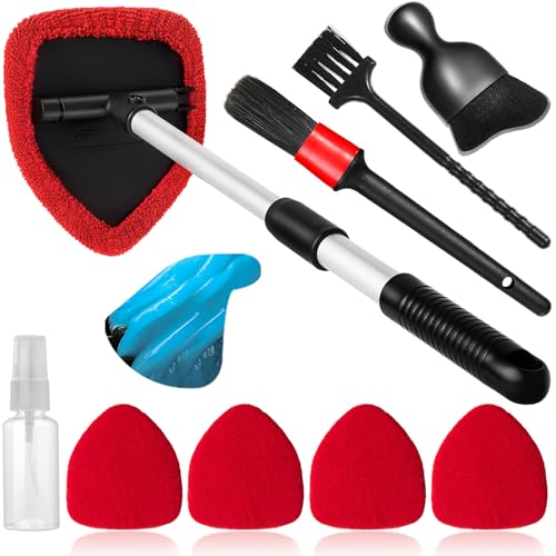 Qydipclin 10pcs Windshield Cleaner Tool, Car Window Cleaning Wash Kit with 4 Reusable Microfiber Pads 1 Spray Bottle and Extendable Handle Auto Glass Wiper Kit, Red - color: Red