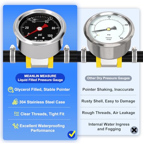 MEANLIN MEASURE 0-100Psi Stainless Steel Glycerin Filled Pressure Gauge 1/8" NPT 1.5" Black Dial, with 3/8" Barb Pressure Adapter Liquid Filled Pressure Gauge (9Pieces Kit, Back Mount) - size: 0-100Psi (Black Dial)