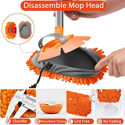 WillingHeart 63" Car Wash Mop Brush Tool Mitt with Long Handle Length More Suitable for Washing American Cars Truck, SUV, RV, Trailer, 2 in 1 Chenille Microfiber Duster Not Hurt Paint Scratch Free - color: Orange