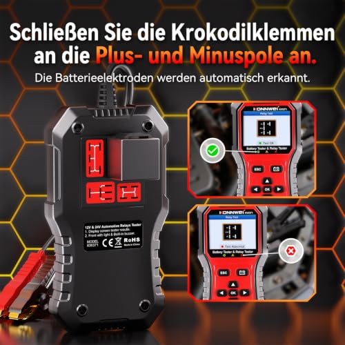 KONNWEI KW371 6V/12V/24V Battery Tester & 4/5Pin Relay Tester 2 in 1 | battery tester automotive with cranking & charging load test, 4/5-pin relay tester, CCA 10-2000, No batteries required. - size: 7.68*3.74*2.17 inch