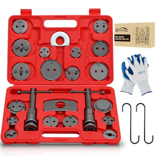 GOOACC 22pcs Disc Brake Caliper Compression Tool Set, Caliper Piston Rewind Compressor Tool with Brake Caliper Hangers & Gloves for Brake Pad Replacement Reset Brake Tools Caliper Press Tool Kit, Red - color: 22pc Brake Caliper+Gloves+Hangers Red