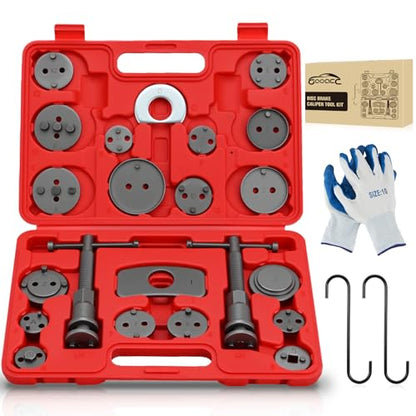 GOOACC 22pcs Disc Brake Caliper Compression Tool Set, Caliper Piston Rewind Compressor Tool with Brake Caliper Hangers & Gloves for Brake Pad Replacement Reset Brake Tools Caliper Press Tool Kit, Red - color: 22pc Brake Caliper+Gloves+Hangers Red