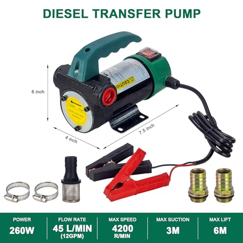 AIGMISON 12V 260W Diesel Transfer Pump Electric Fuel Transfer Pump 45L/Min Oil Suction Pump With Copper Motor For Diesel, Kerosene, Transformer Oil - color: without nozzle hoses green