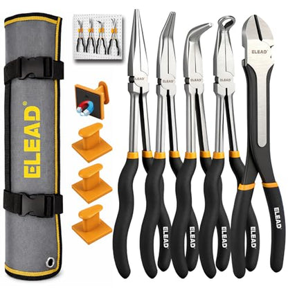 5-Piece 11 Inch Long Needle Nose Pliers Set with 4 Magnetic Plier Racks, Extra Long Reach Pliers Set, 45° & 90° Bent Needle Nose Pliers, Circle Nose and Diagonal Pliers for Tight Spaces - style: 5pcs Long Needle Nose