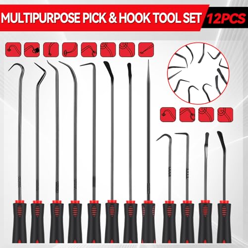 12PCS Pick and Hook Tools Set, Long and Mini Automotive Pick Set, O-Ring Oil Seal & Gasket Removal with Non-Slip Grip, Pick Tool Set for Car Repair, Mechanical and DIY