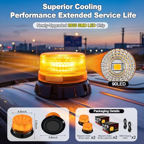2-Pack Amber Strobe Beacon Light, Rechargeable LED, Magnetic Base | Wireless 3600mAh with suction cup mount. Emergency safety warning light for trucks, cars, tractors and tow trucks.