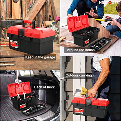 MAXPOWER Small Tool Box, 14-inch Plastic Tool Boxes with Handle | Removable Tray with Dual Lock Secured, Red Toolbox for Home - size: 14”, style: 14" red