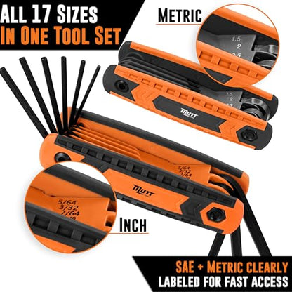 Mutt Tools 17pc Folding Allen Key Set - SAE & Metric Hex Wrench Set with Color-Coding - Compact Allen Wrench Tool for Bikes, DIY, Archery - Keys with Size Markings - style: 17pc Folding Hex Key Set