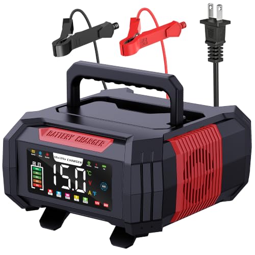 15-Amp Battery Charger, 12V/24V Smart Trickle Charger & Maintainer Red | 9 stage charging, Memory Function, Temperature Compensation, Pulse Repair, for Lead Acid LiFePO4, Various Vehicles Boat