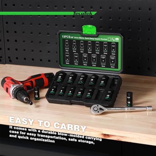 TecoTek 3/8-Inch Drive 12-Point Metric Semi-Deep Impact Socket Set, Mid-Length Socket Set, 7mm to 19mm, CR-MO, Stamped and Ink Filled Size Marking, 13-Piece - size: 7mm to 19mm