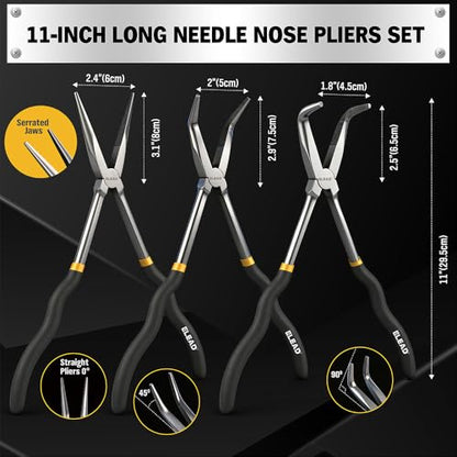5-Piece 11 Inch Long Needle Nose Pliers Set with 4 Magnetic Plier Racks, Extra Long Reach Pliers Set, 45° & 90° Bent Needle Nose Pliers, Circle Nose and Diagonal Pliers for Tight Spaces - style: 5pcs Long Needle Nose