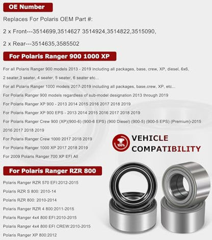for Polaris Ranger 900 1000 XP Wheel Bearings 2013-2019 Front and Rear (4) Crew Replace 3514635, 3514699