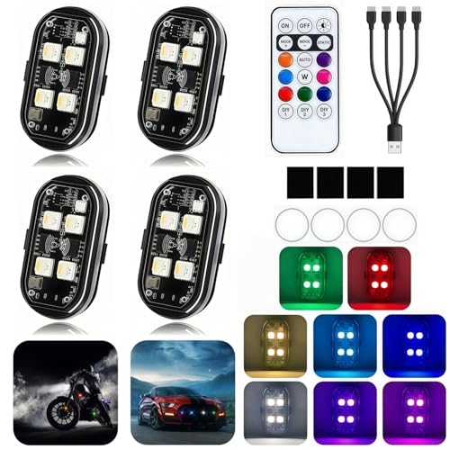 Upgraded 4LEDs 4PCS Wireless LED Strobe Lights with Remote Control, 8 Colors & 10 Modes Type-C Rechargeable IP65 Waterproof,Anti-Collision Warning Lights for Car Motorcycle Bike Drone Aircraft - size: 4PCS (Latest 4LEDs)