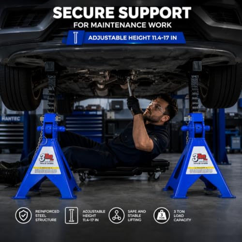 Hantec Jack Stands 3 Ton (6,600 lbs) Pro – Double Safety System, Non-Slip Rubber Pad, Heavy-Duty Steel, 1 Pair for Cars, SUVs and Trucks - Blue