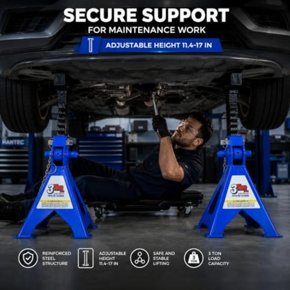 Hantec Jack Stands 3 Ton (6,600 lbs) Pro – Double Safety System, Non-Slip Rubber Pad, Heavy-Duty Steel, 1 Pair for Cars, SUVs and Trucks - Blue