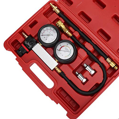 Cylinder Leakage Detector with Dual Pressure Gauges – Engine Compression Leakdown Tester Kit for Piston, Valve & Head Gasket Diagnosis, Includes Threaded Test Plugs for 14mm, 18mm, and Sizes