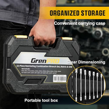 GRENPRO 23 Piece Ratcheting Wrench Set, Open End Wrench Set Metric And Standard 6-18mm & SAE 1/4"-3/4", Combination Wrenches Sets, Organizer Tool Box, 72 Tooth Large Wrench Hand Tools Set With 1 Gauge