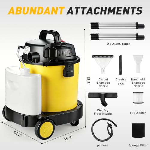 Shop Vacuum Wet and Dry Cleaner, 6 Gallon 4-in-1 with Soap Tank and Blower | 5.5 Peak HP, 17 KPa Suction, HEPA/Sponge Filters, with Hose, 2 Aluminum Tubes, Caster Wheels