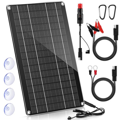 10W 12V Solar Car Battery Charger Maintainer, Solar Panel Trickle Charger | Waterproof Solar Panel Portable Solar Trickle Charger with Cigarette Lighter Plug Alligator Clip for Car Motorcycle Boat RV