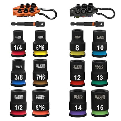 Klein Tools 80206 Grab-And-Go Impact Socket Sets, SAE and Metric, 14-Piece Set with Sleeves, Carabiners, 3/8-Inch Drive, Color-Coded, 1/4-Inch to 9/16-Inch, 8 mm to 15 mm Sockets - size: 14-Piece