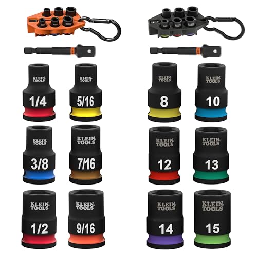 Klein Tools 80206 Grab-And-Go Impact Socket Sets, SAE and Metric, 14-Piece Set with Sleeves, Carabiners, 3/8-Inch Drive, Color-Coded, 1/4-Inch to 9/16-Inch, 8 mm to 15 mm Sockets - size: 14-Piece