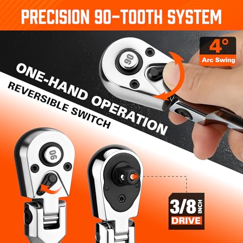 HORUSDY 3/8" Drive 90-Tooth Flex Head Ratchet Handle, 180° Adjustable CR-V Ratchet with Quick Release & Reversible Switch, 4° Swing Arc Socket Wrench for Automotive, Bike & DIY Repair - style: 3/8" Drive Flex Head Ratchet