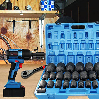 MacWork 29 Pieces Impact Socket Set, 3/4-Inch Drive, Standard, SAE 3/4 inch to 2-1/2 inch, CR-V Alloy Steel, 6-Point Sockets with a Storage Case