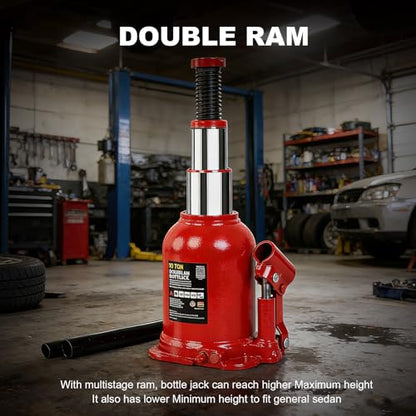 10 Ton (20,000 LBs) Double Ram Welded Hydraulic Car Bottle Jack for Auto Repair and House Lift, Red - size: 10TON-Red