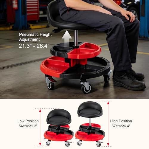 Frassie Rolling Mechanic Garage Seat Stool with Modular Removable Tool Tray, Pneumatic Height Adjustable Rolling Shop Chair for Auto Repair 300 LBS Capacity