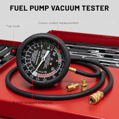 Vacuum and Fuel Pump Tester Gauge Kit, Auto Fuel Pressure Testing Tool Kit Vacuum Gauge, Leak Carburetor Pressure Diagnostic Tools for Cars Trucks Boats Motorcycles