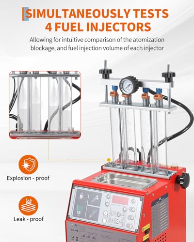Garvee Fuel Injector Cleaner Tester 4-Cylinder 11 Test Modes 12V, Ultrasonic Injection Cleaning Machine with Adjustable Pressure (0-10 bar) & Pulse Width (0.1-25ms), Resistance Test, Digital Display - size: 4-Cylinder Model， 1-in-1