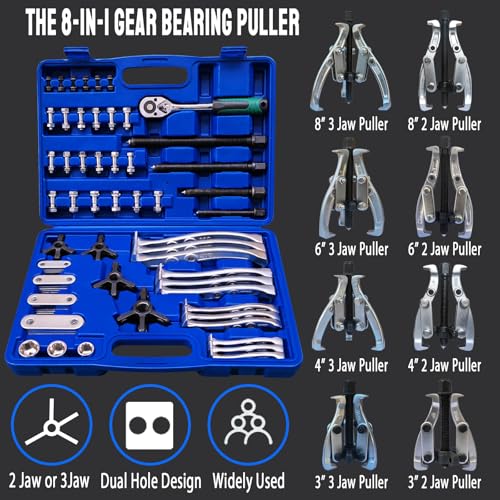 8 in 1 Gear Puller Set, 3" 4" 6" 8" Bearing Pulley Puller Kit, Cr-V Steel 2 Jaw & 3 Jaw Gear Puller with Reversible Jaws, 72Pcs Puller Set for Bearing Gear Pulley Flywheel Removal - size: 72pcs puller