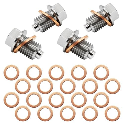 4PCS M14x1.5 Magnetic Engine Oil Drain Plug,Oil Drain Stainless Steel Nut Bolt with High-Temperature Neodymium Magnet,& 20PCS Copper Crush Washers Anti Leakage,for Most Cars,Motorcycles,Boats - size: 4PCS M14 x 1.5 drain plug & 20PCS Copper washers