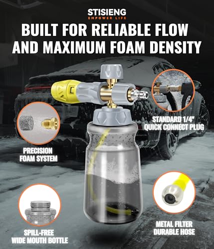 Professional Foam Cannon for Pressure Washer, 1L Wide Mouth Foam Sprayer with Adjustable Nozzle, Heavy Duty Soap Cannon Kit Includes 1.2mm & 1.25mm Orifice for Car Wash