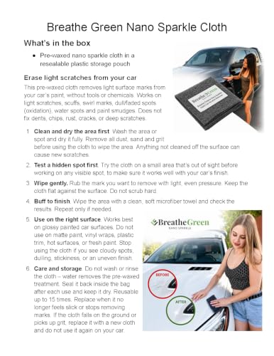 Breathe Green Nano Sparkle Cloth Car Scratch Remover, Advanced Nanotech | Reusable Nanosparkle Cloth for Car Scratches, Repair and Buffer, Nanotechnology Safe for All Cars, Colors & Clear Coats