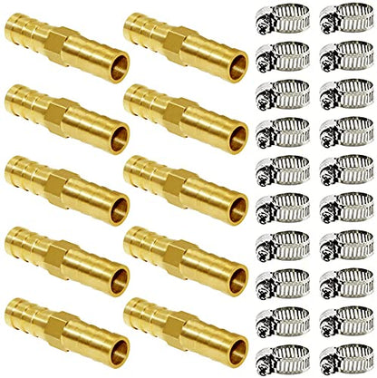 Joywayus Hose Barb Fitting 1/2" Hose ID,Hex Union Brass Fitting Water/Fuel/Air with 20 Stainless Steel Clamps(Pack of 10) - size: 0.5 Inch, style: 10PCS