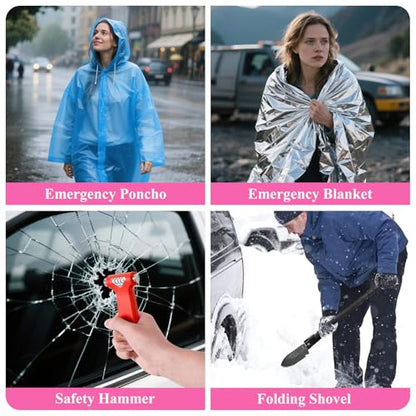 Car Roadside Emergency Kit, Vehicle Truck Safety Emergency Road Side Assistance Kits with Jumper Cables, Pink - color: Pink, size: 91pcs