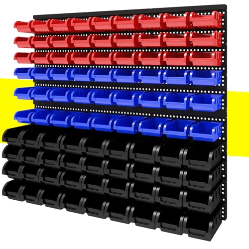 90Pcs Plastic Wall Mounted Storage Bins Parts Rack Nuts And Bolt Bins Organizer For Shop Garage for Screws, Nuts, Bolts, Nails, Beads, and Small Hardware Parts,Red,Blue,Black - color: Red+Blue+Black, size: 90