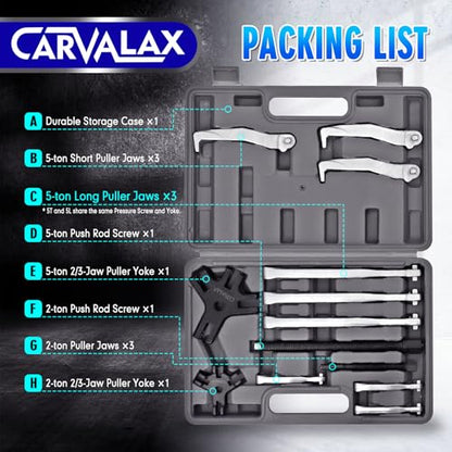 CARVALAX Gear Puller Set, 2T 5T and 5T Wide-Spread - Heavy Duty CR-V Steel 2 & 3 Reversible Jaw Bearing/Pulley Puller – Professional Automotive & Industrial Tool Kit for Mechanics, DIYers - size: 2T&5T&5L