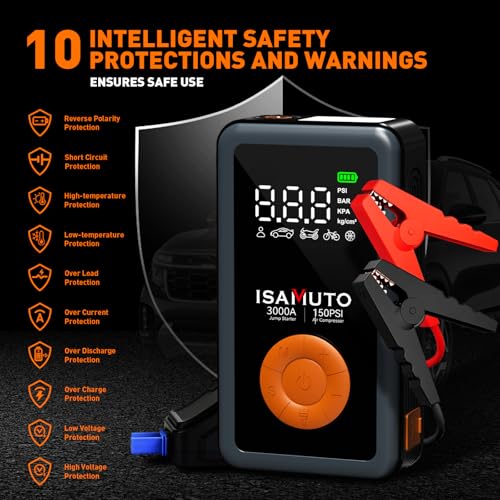 Jump Starter with Air Compressor, Portable Car Battery Jump Box with 150PSI Tire Inflator, 3000A Battery Booster for 8L Gas/6L Diesel Engines, 12000mAh Power Bank