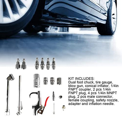For Professional Maintenance and Cleaning - 17 Piece Air Compressor Accessory Kit with 1/4 Inch NPT Coupler and Plug Set - Includes Dual Foot Chuck, Blow Gun, Tire Gauge, and